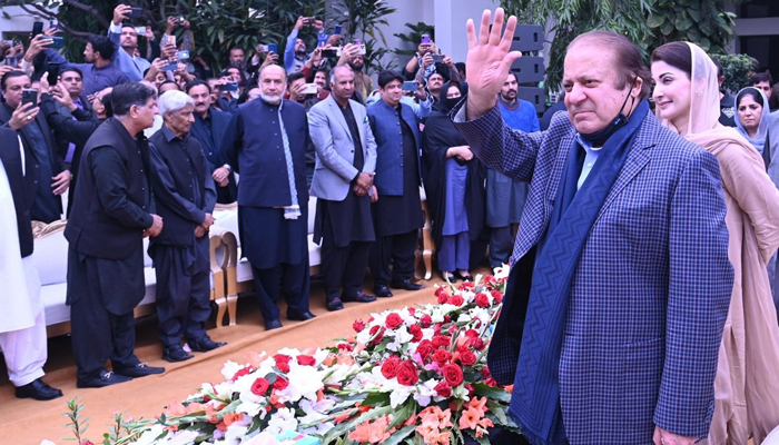 Former Prime Minister and Pakistan Muslim League-Nawaz (PML-N) supremo Nawaz Sharif waves as he meets officials in Punjab on November 25, 2023. — Facebook/Maryam Nawaz Sharif