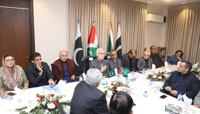 A central executive committee meeting of the IPP during a session under the chair of Patron-in-Chief Jahangir Khan Tareen (c) and President Abdul Aleem Khan (R) in Lahore on December 12, 2023. — Facebook/Abdul Aleem Khan