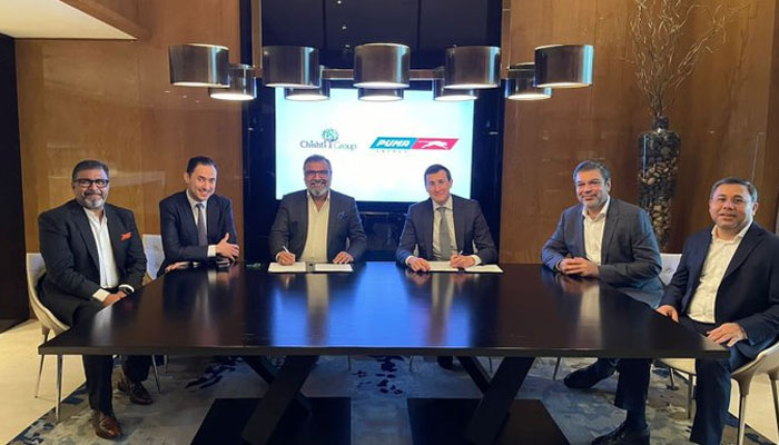 The image shows the officials of Puma Energy International and Pakistan’s Chishti Group signing an extended brand license agreement on Dec 13, 2023. —x/wali_chishti