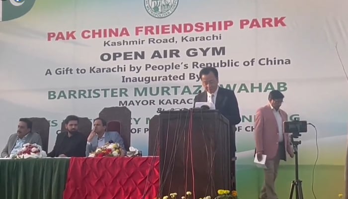 Chinas consul general in Karachi Yang Yundong speaks during the inauguration of the open-air gym at Kashmir Road in this still on December 13, 2023. — Facebook/Karachi Metropolitan Corporation- بلدیہ عظمیٰ کراچی