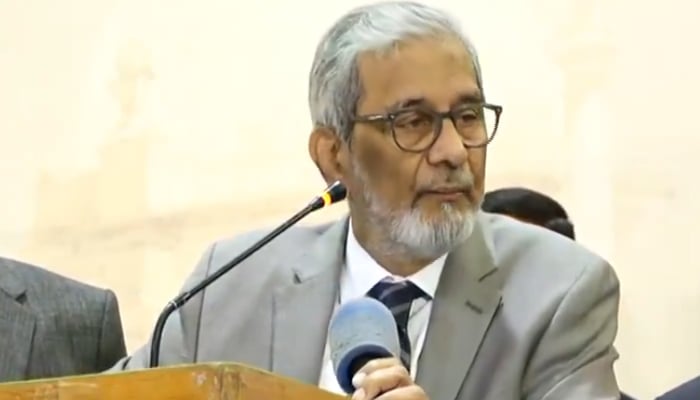 Sindh Caretaker CM Justice (retd) Maqbool Baqar listens during the opening ceremony of the 18th Karachi International Book Fair at the Karachi Expo Centre on December 14, 2023. — X/@SindhCMHouse