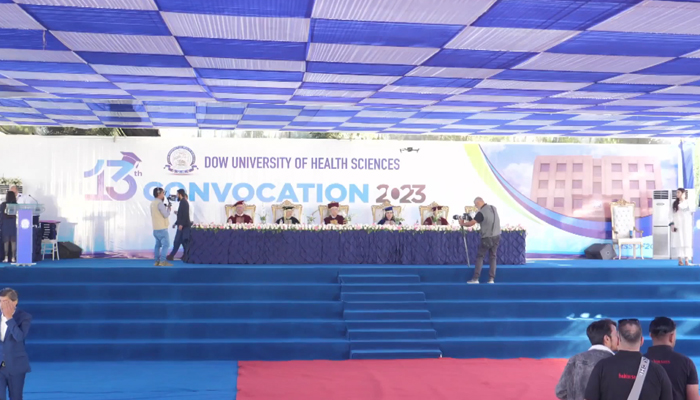 This still on December 14, 2023, shows DUHS VC Prof Saeed Quraishy (c) sitting alongside other officials during the 13th convocation at the Ojha Campus. — Facebook/Dow University of Health Sciences Official
