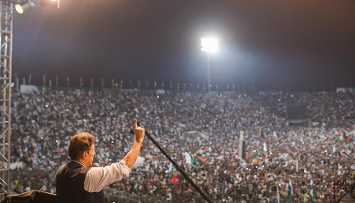 This image released on August 13, 2023, shows former PM Imran Khan delivering a speech to his party workers and supporters on Pakistan Independence Day Jalsa in Lahore on 13th August 2022. — Facebook/Imran Khan