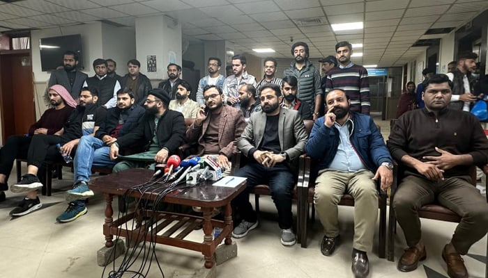 This image shows officials of the Young Doctors Association of Punjab during a press conference at Lahore General Hospital on December 14, 2023. — Facebook/YDA Lahore General Hospital