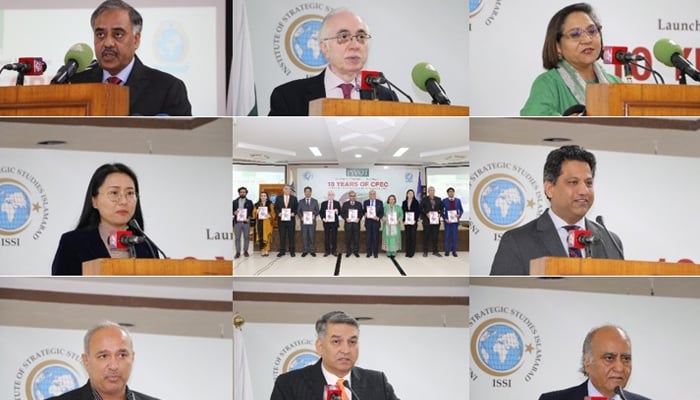 This combo of images released on December 14, 2023, shows speaks addressing the audience during the launching ceremony for the special edition of PIVOT Magazine, titled “10 Years of CPEC: Unlocking Pakistan’s Potential and Future Prospects at ISSI. — ISSI website
