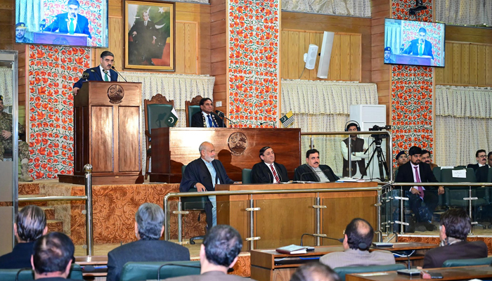 Caretaker Prime Minister Anwaar-ul-Haq Kakar addresses at the special session of the Azad Jammu and Kashmir Legislative Assembly on December 14, 2023. — PID