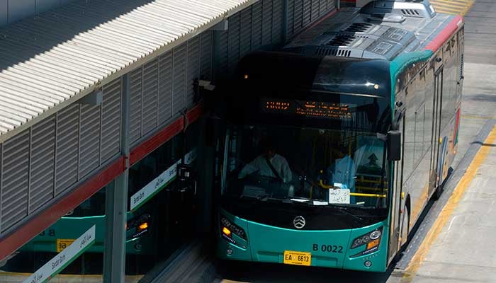 A bus stops at a terminal station of the Peshawar Bus Rapid Transit during a test run in Peshawar. — AFP/File