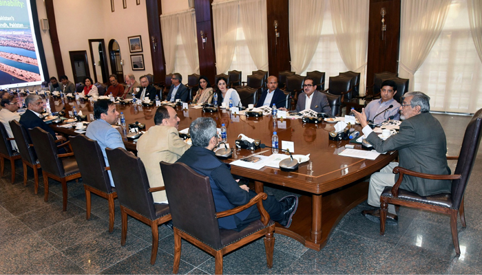 Caretaker Sindh Chief Minister Justice (R) Maqbool Baqar presides over a meeting of the Rabies Control Program at CM House on December 15, 2023. — X/@SindhCMHouse