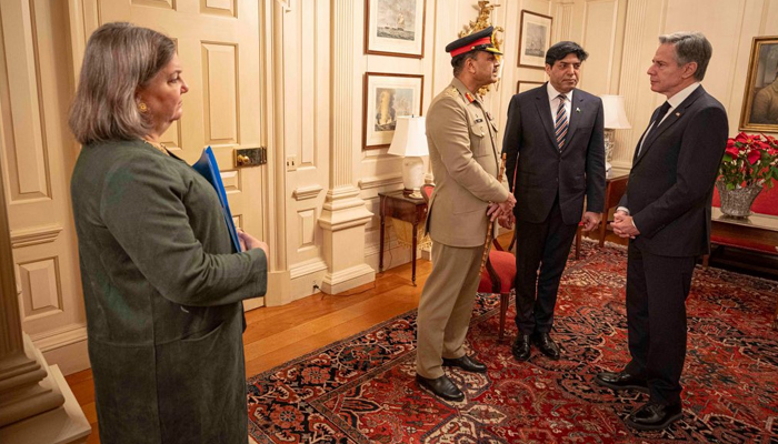 Chief of Army Staff General Asim Munir speaks as he meets with the US Secretary of State Antony J. Blinken accompanied by the DG ISI Lt. Gen Nadeem Anjum on December 15, 2023. — X/@PakistanFauj
