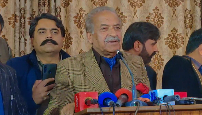 KP’s former governor and chief minister Sardar Mahtab Ahmad Khan speaks with the media in Abottabad in this still on December 14, 2023. — Facebook/Sardar Mahtab Ahmed Khan