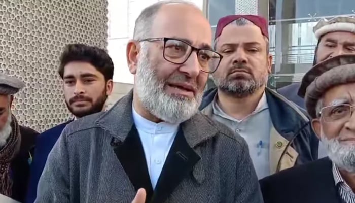 Senator Mushtaq Ahmad Khan while talking to the media after the hearing of the Aafia Siddiqui case at Islamabad High Court in this still on December 15, 2023. — Facebook/Mushtaq Ahmad Khan