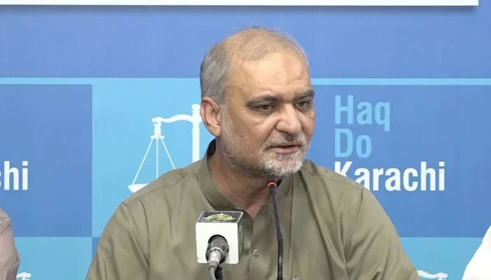 Jamaat-e-Islami (JI) Karachi chief Hafiz Naeem ur Rehman speaking with the media in this screengrab taken from a video released on October 23, 2023. — Facebook/Hafiz Naeem ur Rehman