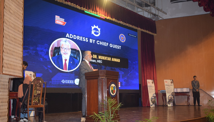 HEC Chairman Prof Dr Mukhtar Ahmed addresses the audience during a one-day International Workshop on Functional Reverse Engineering of Machine Tools at the Ghulam Ishaq Khan Institute of Engineering Sciences and Technology on December 17, 2023. — Facebook/Higher Education Commission, Pakistan