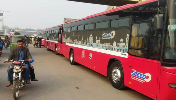 Commuters pass by a metro bus in this image on February 16, 2022. — Facebook/Punjab Masstransit Authority