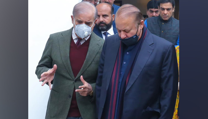 Pakistan Muslim League-Nawaz President Shehbaz Sharif speaks with his elder brother and party supremo Nawaz Sharif on December 15, 2023. — Facebook/PML(N)