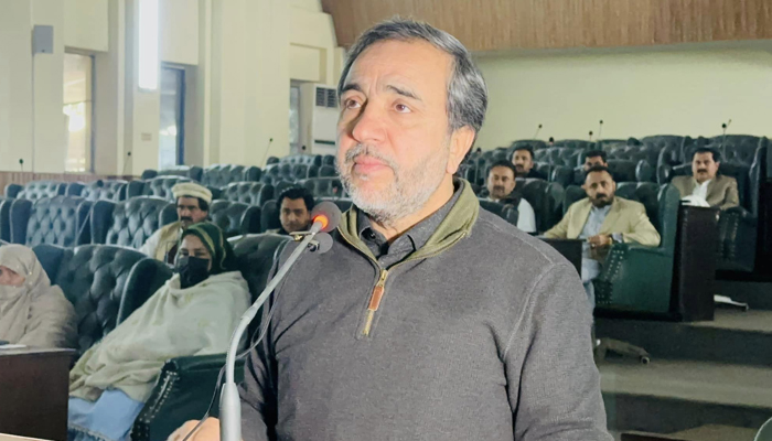 Mayor Himayatullah Mayar addresses a meeting of the city district local government on December 8, 2023. — Facebook/Himayat Ullah Mayar