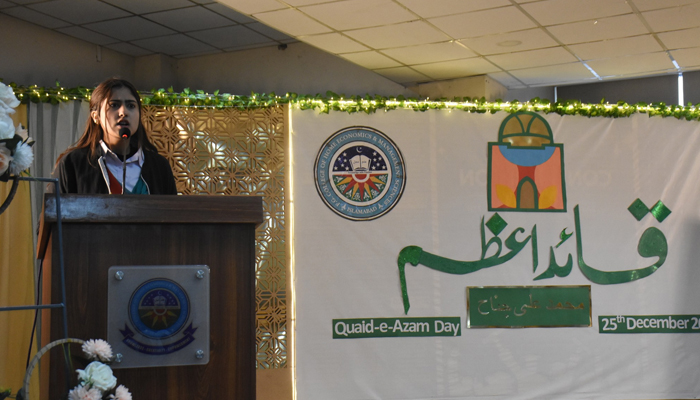 This image shows a participant during the intercollegiate English and Urdu speech competitions at FG Home Economics and Management Sciences College, F-11/1 to commemorate Quaids Day on December 18, 2023. — Facebook/FG College of Home Economics and Management Sciences F-11/1 Islamabad