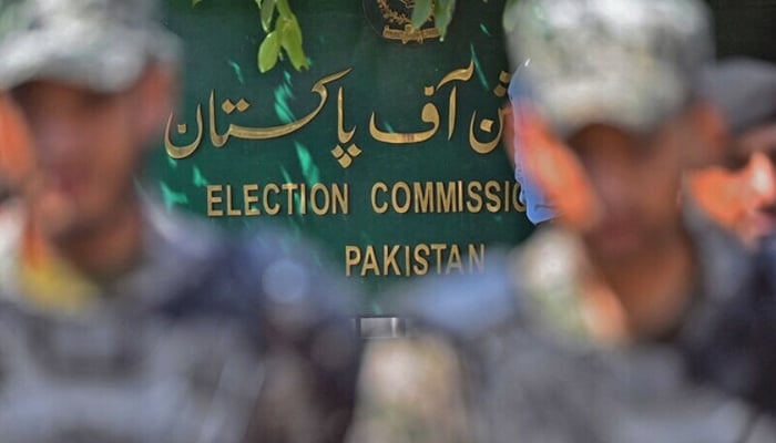 The ECP sign board can be seen in this image. — AFP/File