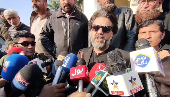 PTI leader, Usman Dar Addressing a press conference at the Sialkot district courts along with his mother Mrs. Imtiazuddin Dar on December 19, 2023. — Facebook/Usman Dar