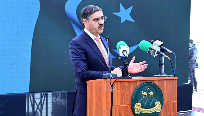 Caretaker Prime Minister Anwaar-ul-Haq Kakar addresses the inauguration ceremony of the Prime MinistersYouth Skill Development Programme and Electronic Public Procurement System in Quetta on December 19, 2023. — APP