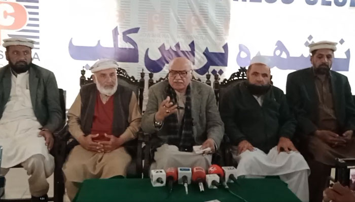 Awami National Party (ANP) leader Mian Iftikhar Hussain addresses a press conference in Nowshera on Dec 19, 2023. — Facebook/MianIftikharHus