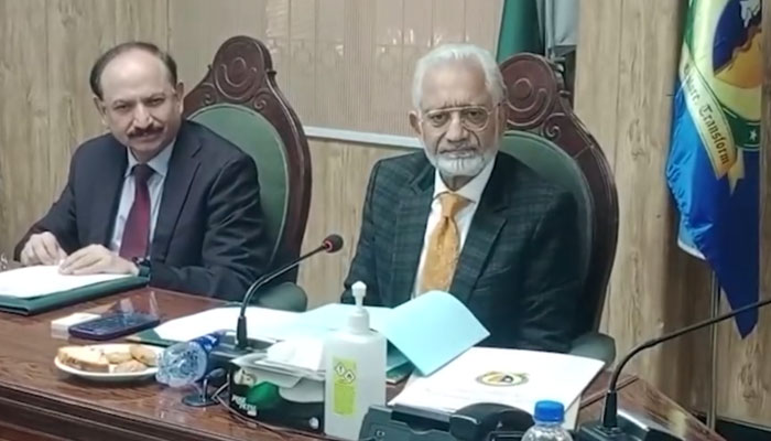 Caretaker Provincial Health Minister, Prof Dr Javed Akram (R) chairs a meeting  9th syndicate meeting of the University of Child Health Sciences on December 20, 2023. — Facebook/Javed Akram