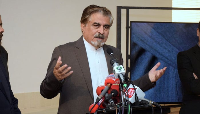 Caretaker Federal Minister for National Heritage and Culture Division, Syed Jamal Shah gestures while speaking at an event on December 20, 2023. — Facebook/Jamal Shah