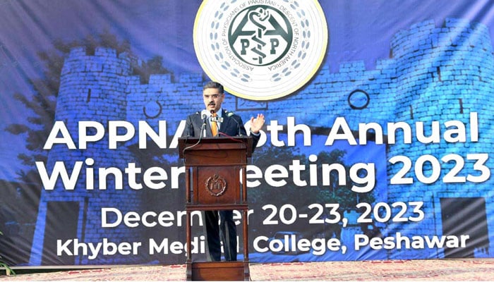 Caretaker PM Anwaar-ul-Haq Kakar addresses the 46th Winter Khyber Medical College Convention on December 20, 2023. — APP