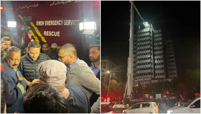 Mayor Karachi Murtaza Wahab being briefed by rescue officials regarding the Parsa Tower blaze on December 19, 2023. — Murtaza Wahab/X