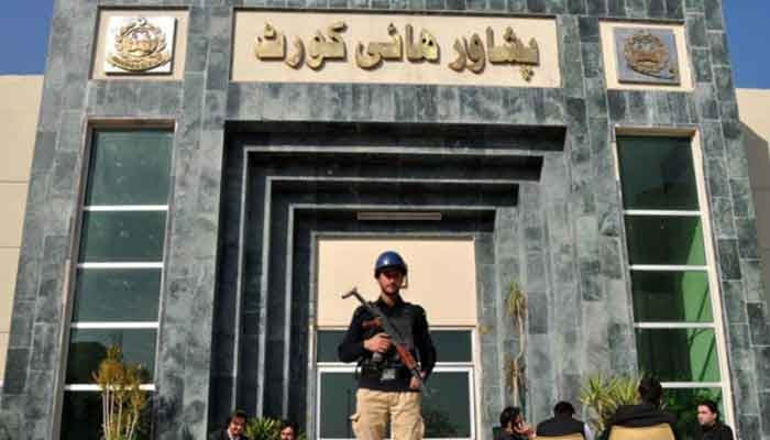 A police official stands guard outside the Peshawar High Court. — APP