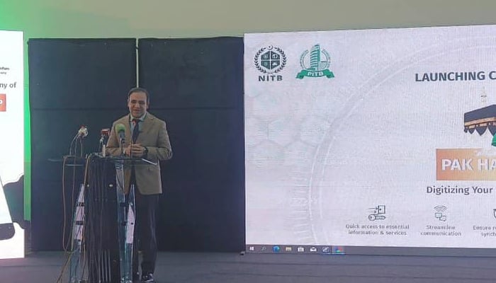 Caretaker Minister for Information Technology Dr Umar Saif speaks during the launching of the application developed by the NITB on December 20, 2023. — Facebook/Umar Saif