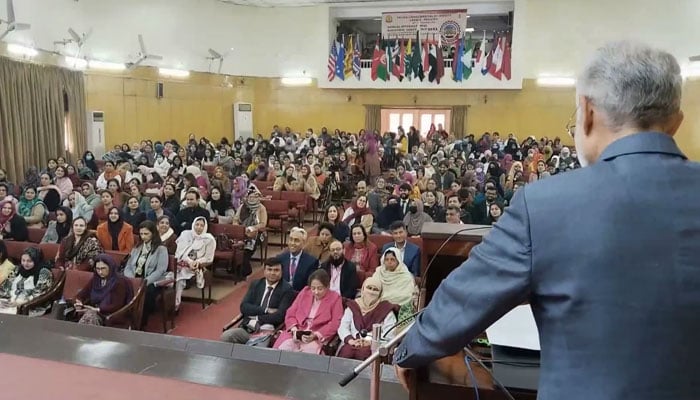 Punjab Health Minister Prof Dr. Javed Akram (chief guest) addresses the annual conference of medical, educational, research, and training at Fatima Jinnah Medical University on December 21, 2023 in this still. — Facebook/Javed Akram