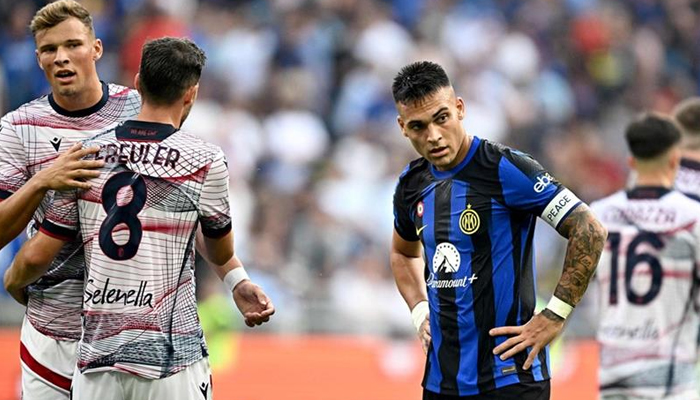 Inter Milans Lautaro Martinez reacts in the Italian Serie A football match between Inter Milan and Bologna at The San Siro Stadium in Milan. — AFP