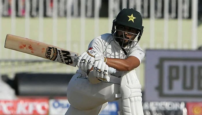 Saud Shakeel plays a shot. — AFP