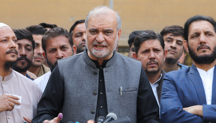 JI Karachi chief Hafiz Naeem ur Rehman speaks with the media after filing the papers for the 2024 general elections for the NA constituencies NA-246 and NA-250 on December 22, 2023. — Facebook/Hafiz Naeem ur Rehman