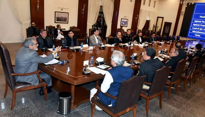The image released on Dec 22, 2023 shows Sindh caretaker chief minister Justice (retd) Maqbool Baqar preside over a meeting over a law and order at the CM House. —x/sindhinfodepart