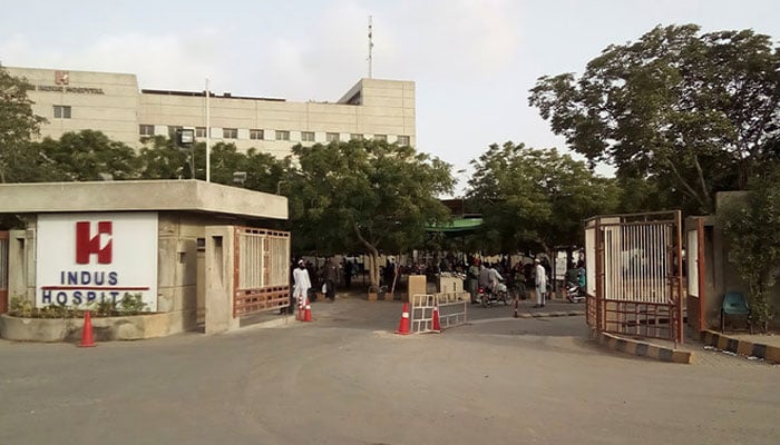 This photograph shows the entrance of Indus Hospital, Karachi, in June 2018. — Indus Hospital