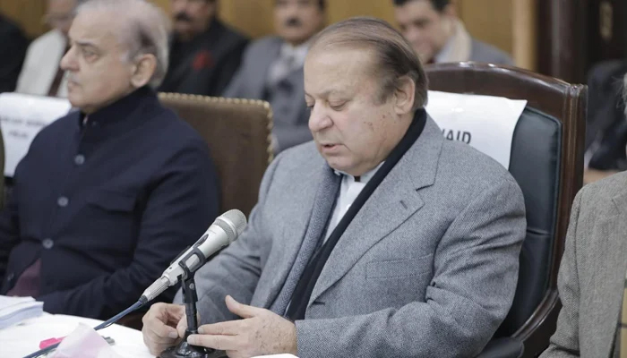 Former PM and Pakistan Muslim League Nawaz Quaid Nawaz Sharif addresses the parliamentary party meeting on December 18, 2023. — Facebook/PML(N)
