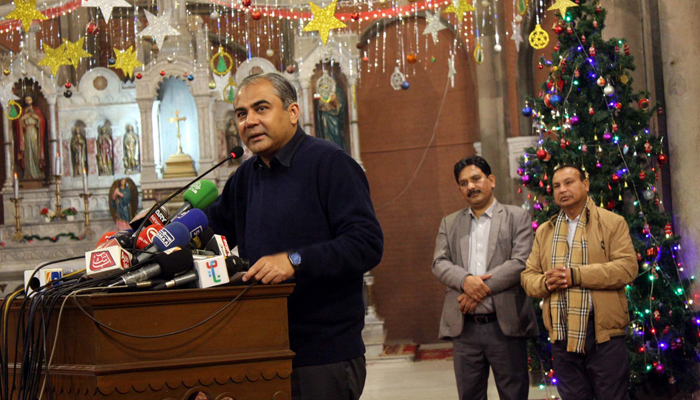 Punjab Chief Minister, Mohsin Naqvi addresses during a Christmas ceremony held at Sacred Heart Cathedral Church in Lahore on Monday, December 25, 2023. — PPI