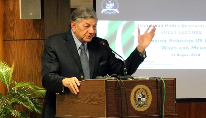 Pakistan’s former foreign secretary Riaz Hussain Khokhar while addressing a lecture in IPRI in Islamabad on August 22, 2019. — IPRI