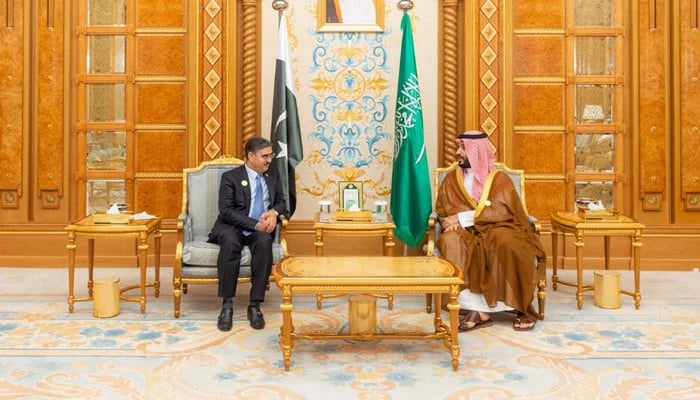 Caretaker Prime Minister Anwaar-ul-Haq Kakar meets Saudi Arabia’s Crown Prince and Prime Minister Mohammed bin Salman on Nov 11, 2023. — PID