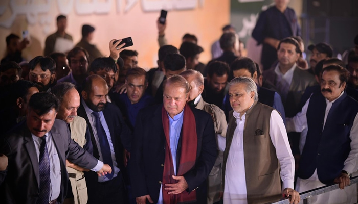 Former prime minister Nawaz Sharif while appearing on stage after coming to Pakistan on October 21, 2023. — Facebook/Maryam Nawaz Sharif
