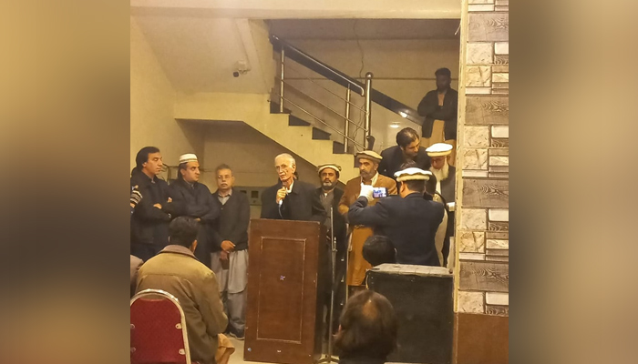 Chairman Pakistan Tehreek-e-Insaf Parliamentarian Pervez Khattak address to the public in Nowshera Cantt, on December 27, 2023.—Facebook/PTI-P