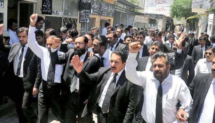 In this picture can be seen lawyers in Peshawar protests— Online/File