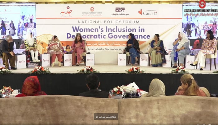 The screenshot from the video released on Dec 11, 2023 shows the National Policy Forum on Womens Inclusion in Democratic Governance. — Facebook/JamhooriatAurBaikhtiarAurat