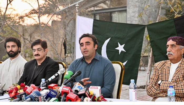Chairman Pakistan Peoples Party, Bilawal Bhutto Zardari addresses a press conference in Sukkur on December 28, 2023. — Facebook/Pakistan Peoples Party - PPP