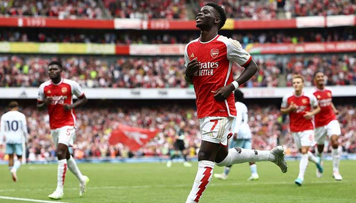Arsenals Bukayo Saka during the teams second goal in the English Premier League against Nottingham Forest at the Emirates Stadium in London on August 12, 2023. - AFP