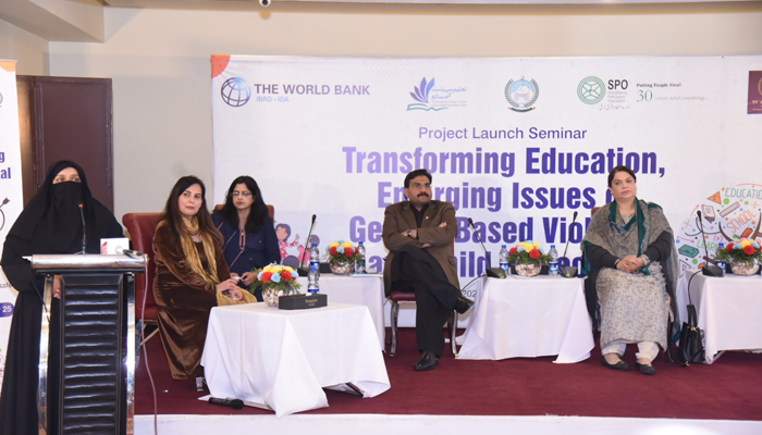 Panelists sit as a speaker addresses the seminar titled ‘Gender Mainstreaming and GBV for Human Capital Investment Project (KP-HCIP)’ on December 29, 2023. - Facebook/Rozan