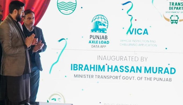 Caretaker Provincial Transport Minister Ibrahim Hassan Murad inaugurates E-Challan and Punjab Axle Load Enforcement App at a launching ceremony organised by Punjab Transport Company on December 29, 2023. - Facebook/Ibrahim Hasan Murad