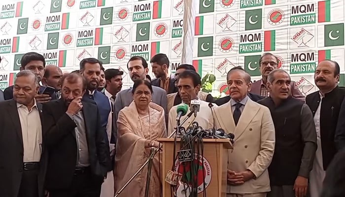 MQM-P and PMLN high-level delegation led by former PM Shehbaz Sharif during a press conference in Karachi in this still on December 29, 2023. — Facebook/MQM ( Muttahida Quami Movement)